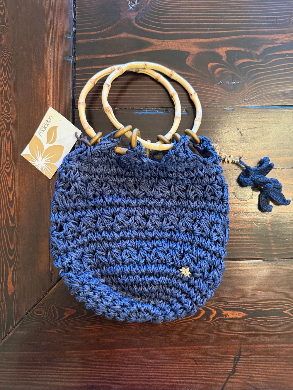 NWT Cappelli blue crochet bag with bamboo hoop handles